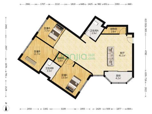 天益花园 3室1厅2卫 115平方