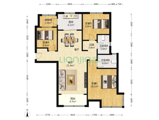 碧桂园天麓山南苑 3室1厅2卫 136平方