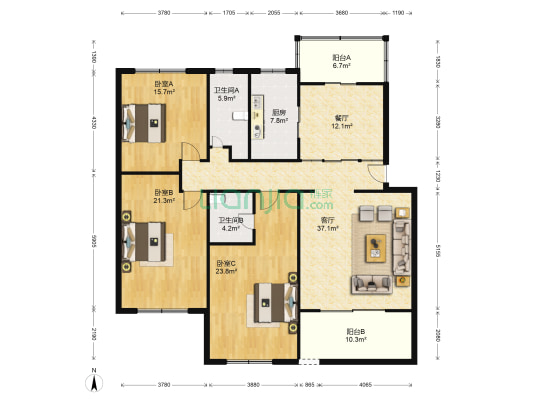 阳光花园 3室2厅2卫 155平方