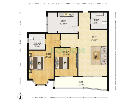 金鹰国际花园 2室1厅2卫 133平方
