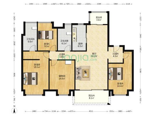 珠江东境花园 3室1厅2卫 153平方
