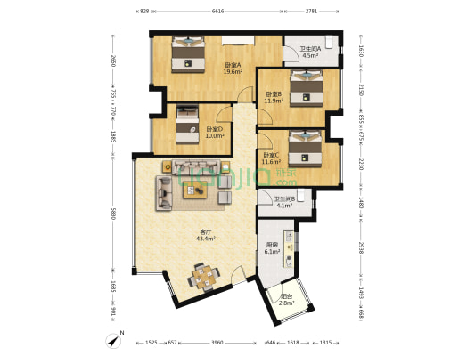 保利湖心岛丽湖苑 4室1厅2卫 140平方