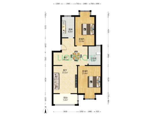 御景园 2室2厅1卫 88平方