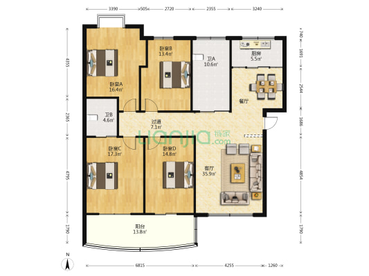领秀1+8还建楼 4室1厅2卫 159平方