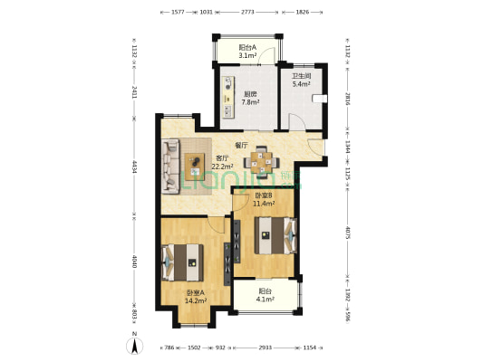 幸福锦园 2室1厅1卫 87平方