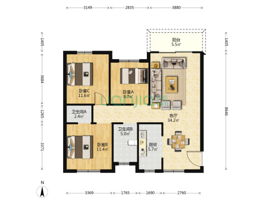 锦顺宸樾府 3室1厅2卫 111平方