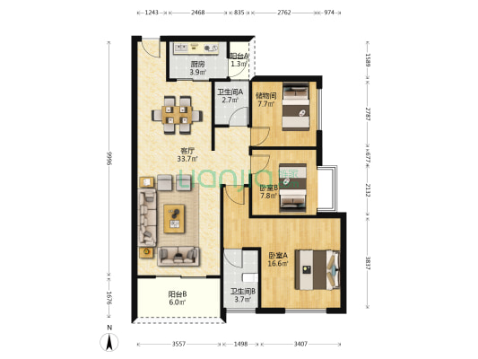欣乐道华府 2室1厅2卫 98平方