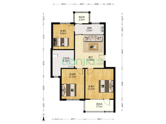祥云花园 3室1厅1卫 95平方