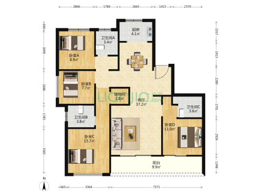 禾宇嘉园 4室1厅3卫 150平方