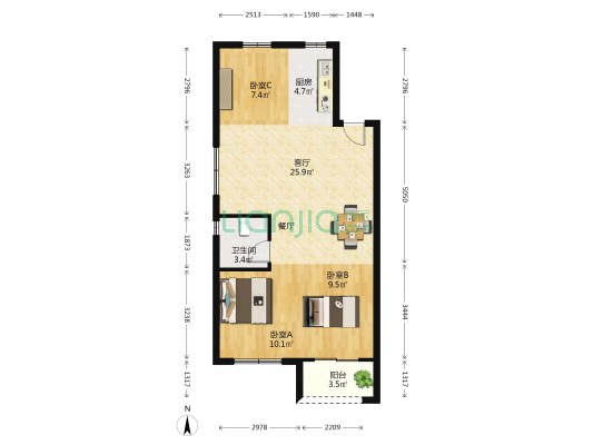 龙湖兰园天序 3室1厅1卫 90平方