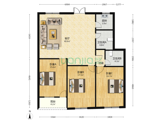 海韵大厦 3室1厅2卫 137平方