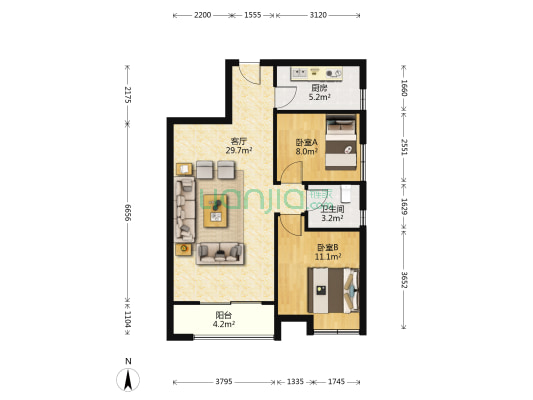 长江鑫都B区 2室1厅1卫 83平方