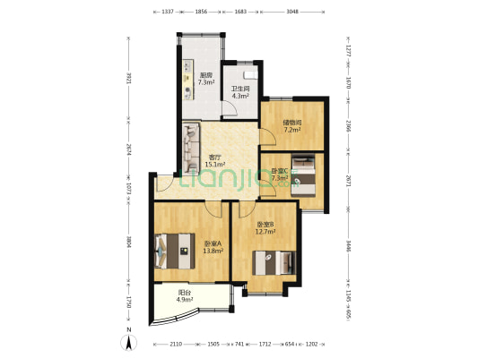 天海花园 3室1厅1卫 90平方