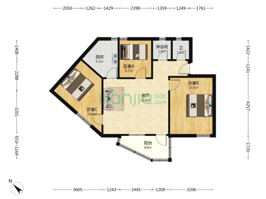 四方池 3室1厅2卫 84平方