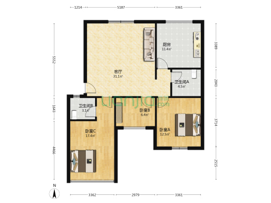 幸福人家 3室1厅2卫 89平方