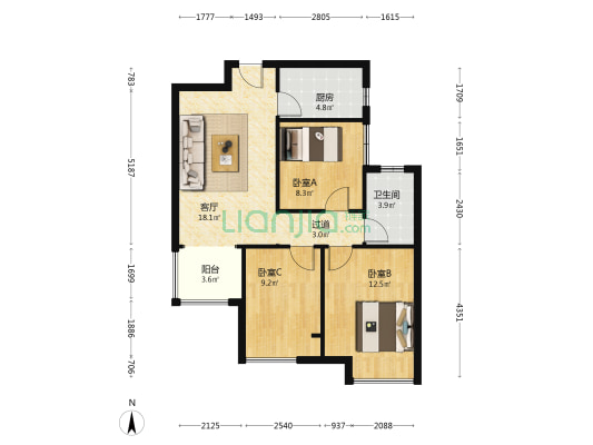康桥悦城3号院 3室1厅1卫 86平方