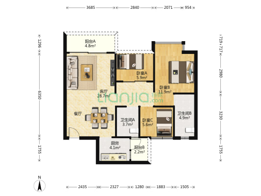 藤业富林广场三区 3室1厅2卫 91平方