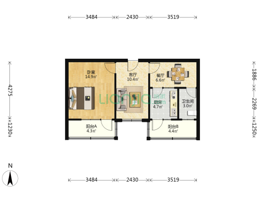 中铁长安重工华清小区 1室2厅1卫 56平方