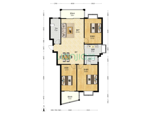雅澜湾 3室1厅2卫 128平方