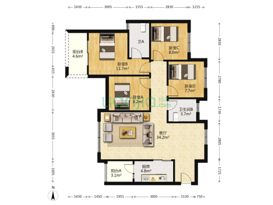 明信城C区 4室1厅2卫 109平方