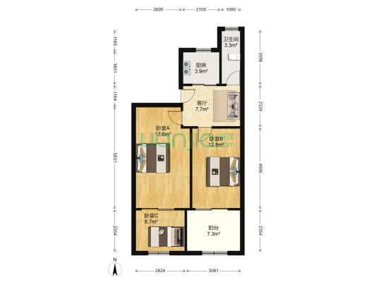 卫生路34号院 3室1厅1卫 60平方