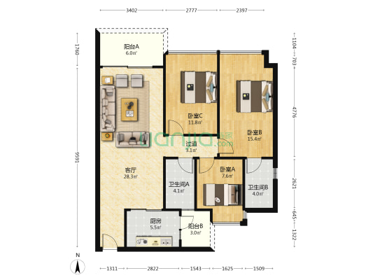 福雅名轩 3室1厅2卫 104平方