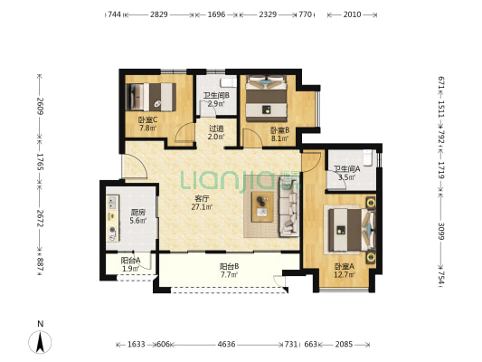 江津吾悦广场 3室1厅2卫 98平方