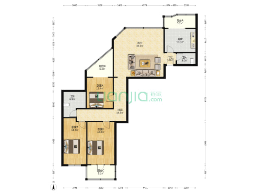 嘉泰名宅 3室1厅2卫 164平方