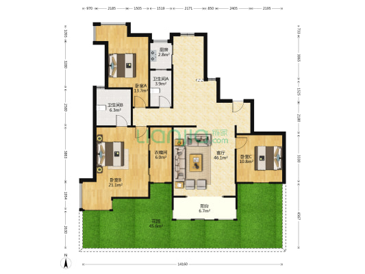华夏津典涟水园 3室1厅2卫 169平方