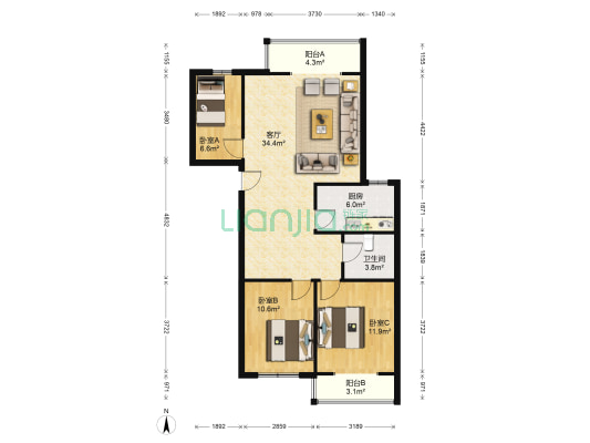 永济路凯旋门南北通透三居，证满五唯一，税费低-户型图