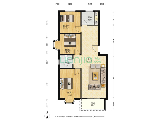 路处小区 3室1厅1卫 101平方