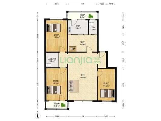 天裕小区 3室2厅2卫 135平方