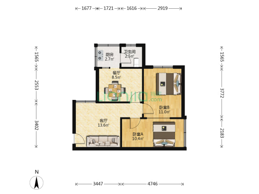 小河清水江路三00医院宿舍 2室2厅1卫 57平方