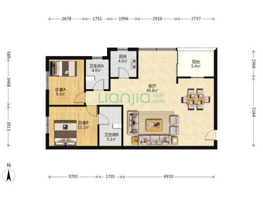 华景新城荷景园 2室1厅2卫 96平方