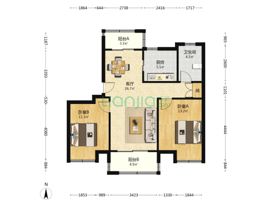 嘉誉山A区 2室1厅1卫 88平方