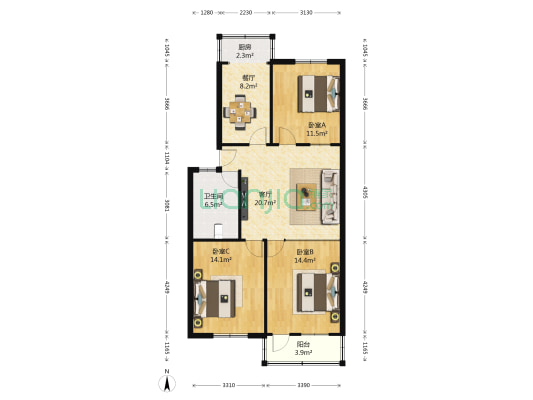 洪家楼南路17-3号 3室2厅1卫 103平方