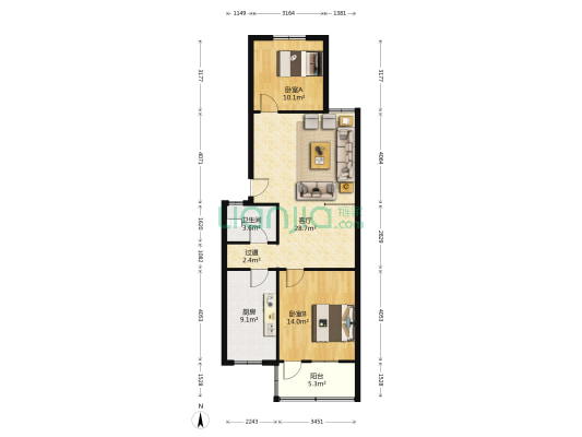 阳光新居 2室1厅1卫 88平方