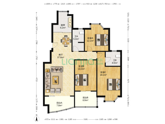 星电花园 3室1厅2卫 123平方