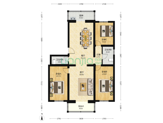 林场宿舍 3室2厅2卫 121平方
