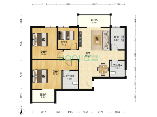 颐和郡 3室1厅2卫 128平方