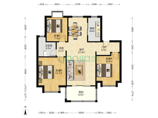 紫京熙院 3室1厅1卫 102平方