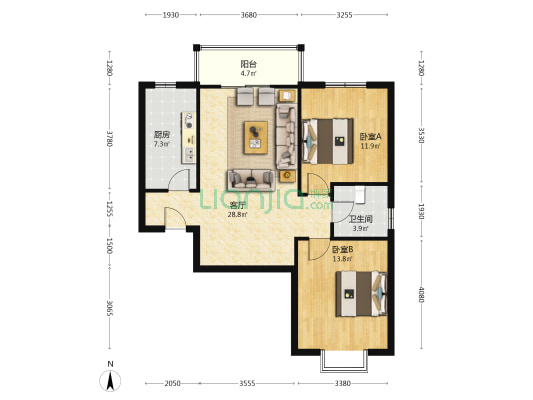 房子本唯一朝南两居中间楼层，户型 方正没有浪费空间-户型图