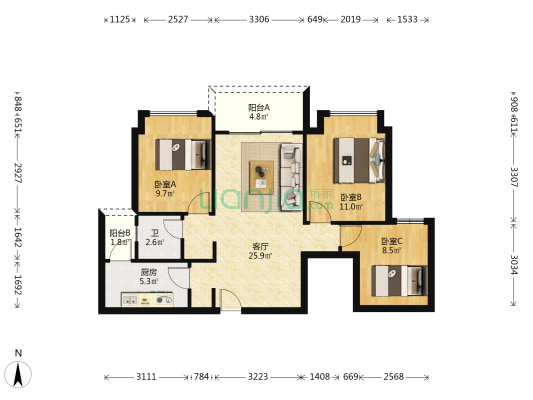 泷景七期汇琅峰 3室1厅1卫 86平方