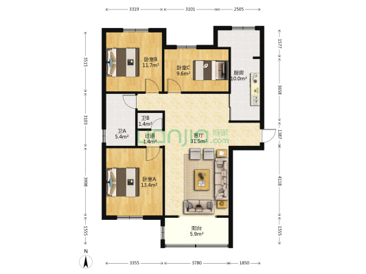 润铁家园 3室1厅2卫 126平方