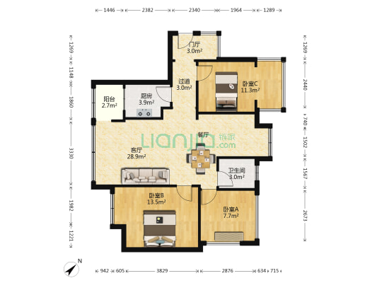 世欧彼岸城C区 3室1厅1卫 77平方