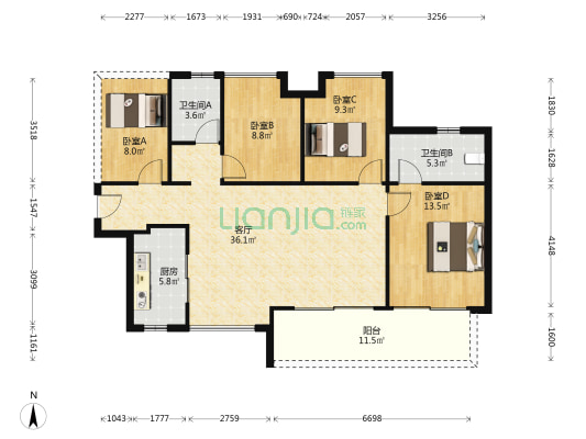 珑廷广场 4室1厅2卫 117平方