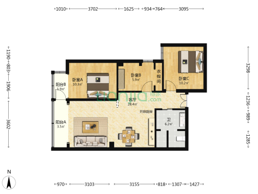 华龙IN巷 3室1厅1卫 110平方