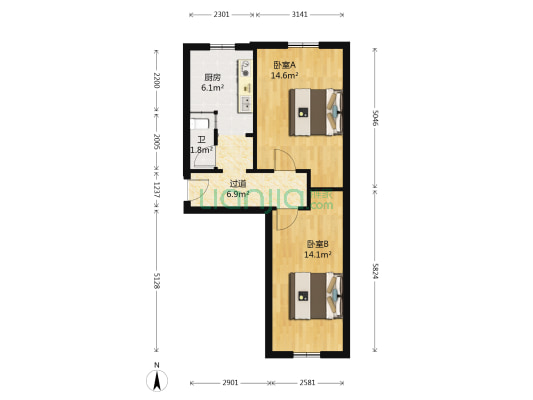 2A街区 2室0厅1卫 61平方