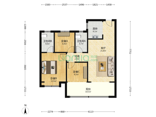 时代城 3室1厅2卫 108平方