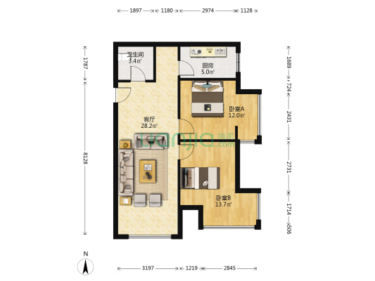 此房东南两居室，采光好.户型方正，配套齐全-户型图